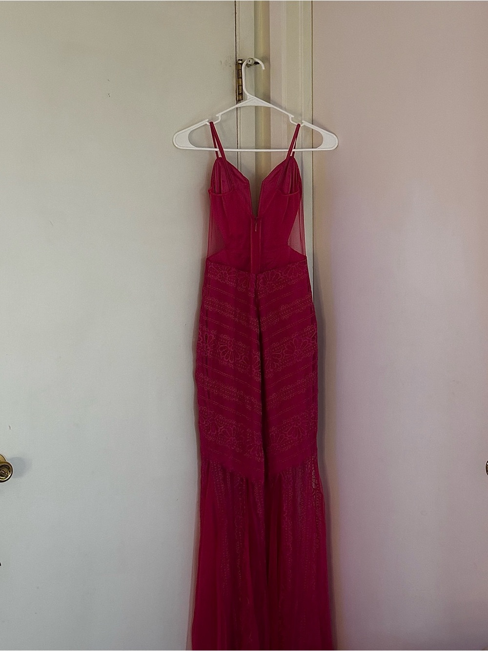 Fuchsia Mesh & Lace Evening Dress with Spaghetti Straps